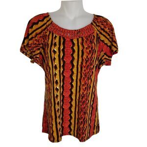 East 5th Women Top Size Medium Stretch Short Sleeve Gold Orange Chevron Pullover